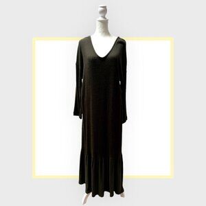 Anthropologie -Dark Green Ribbed Sweater Dress with Ruffle Hem